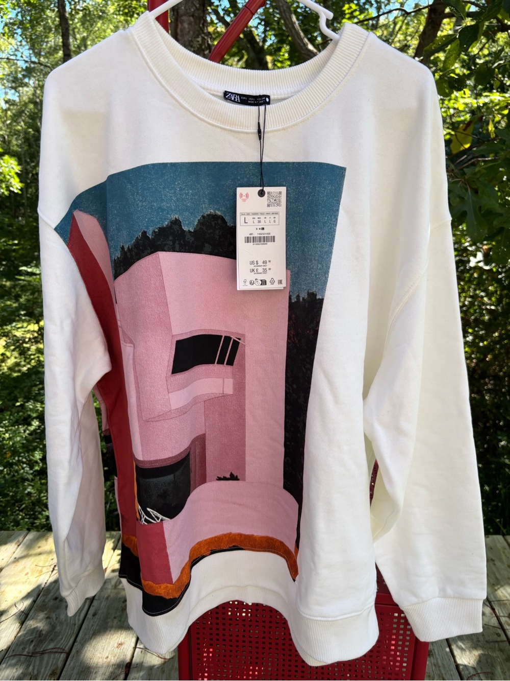 ZARA Albert Florent White Sweatshirt with Pink & Teal Architectural Print